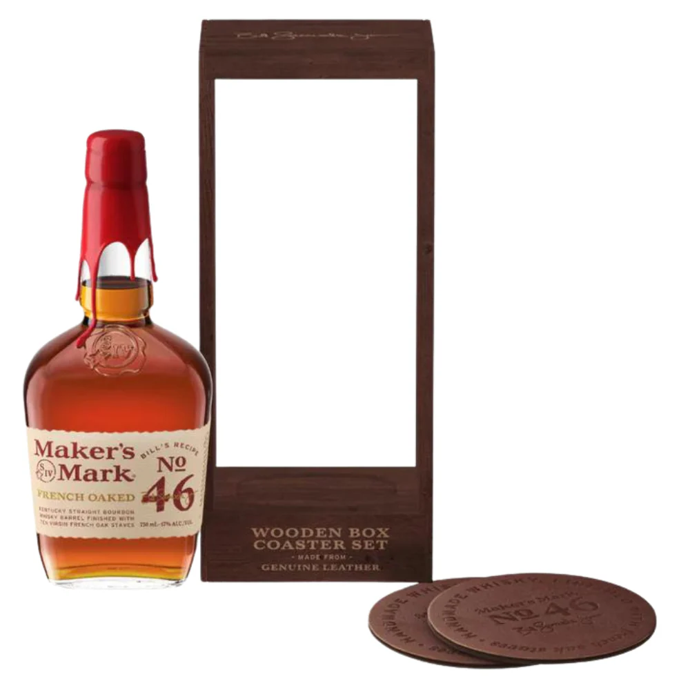 Maker's Mark 46 Gift Set W/ Wood Box & 2 Leather Coasters - Image 2
